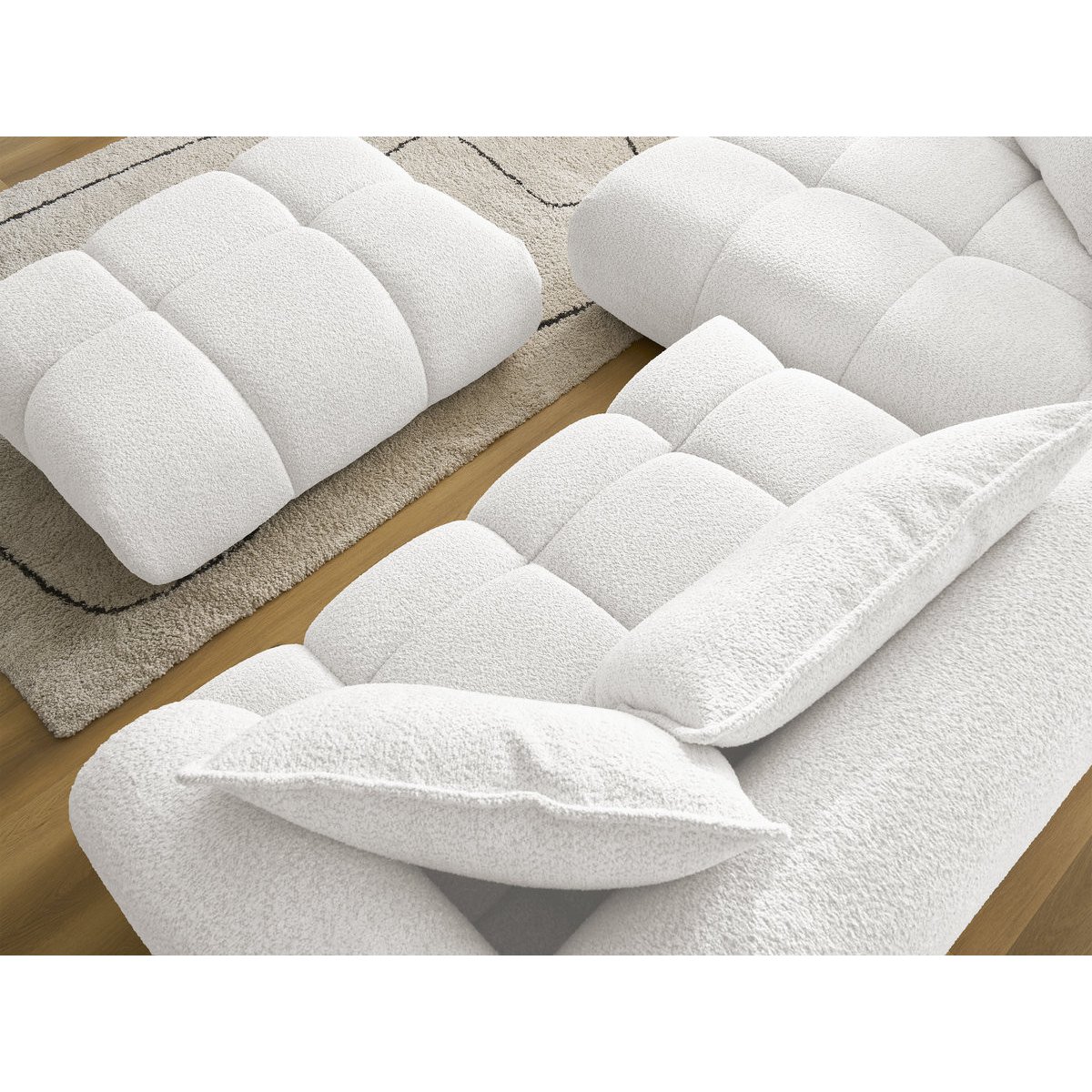 Canapé d'angle fixe 4 places en tissu bouclette avec pouf, ALYA blanc, BOBOCHIC