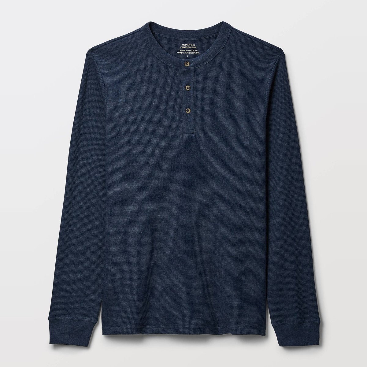 T-shirt col tunisien manches longues gaufré en coton BIO GOTS denim melange, MONOPRIX
