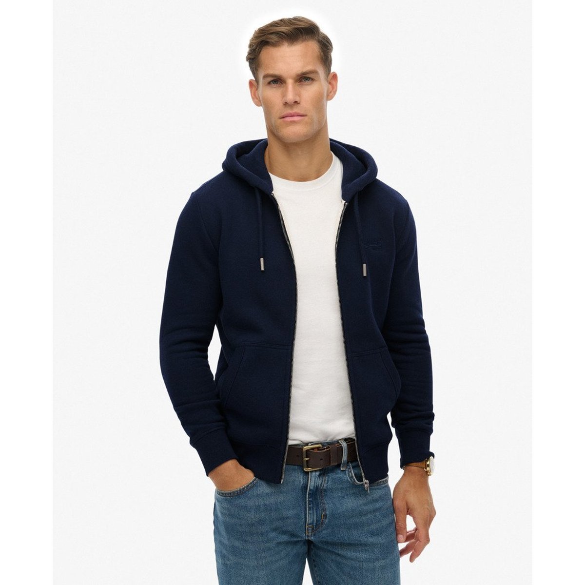 Sweat à capuche zippé Logo Vintage brodé bleu marine chiné intense, SUPERDRY