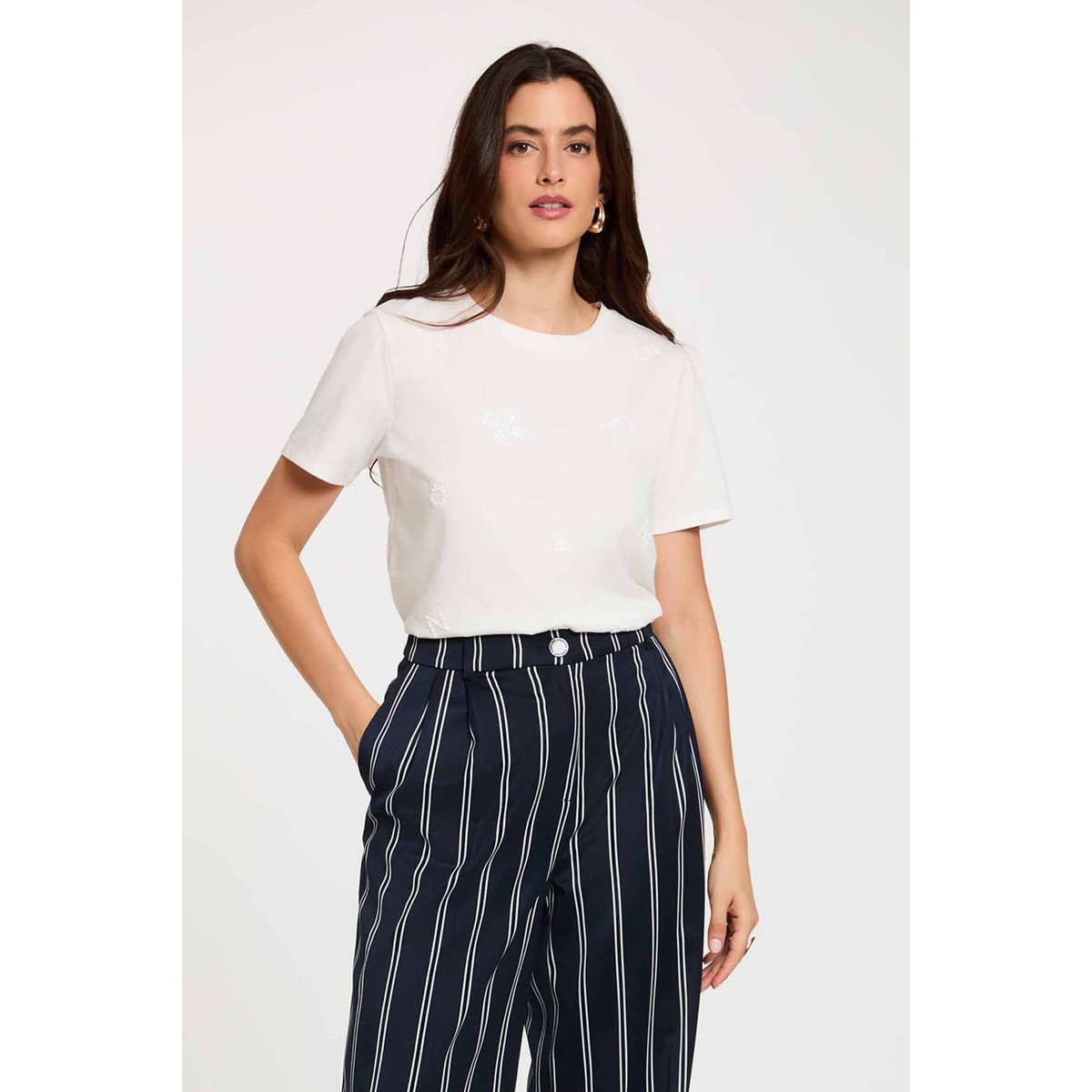 T-shirt brodé col rond blanc, MORGAN
