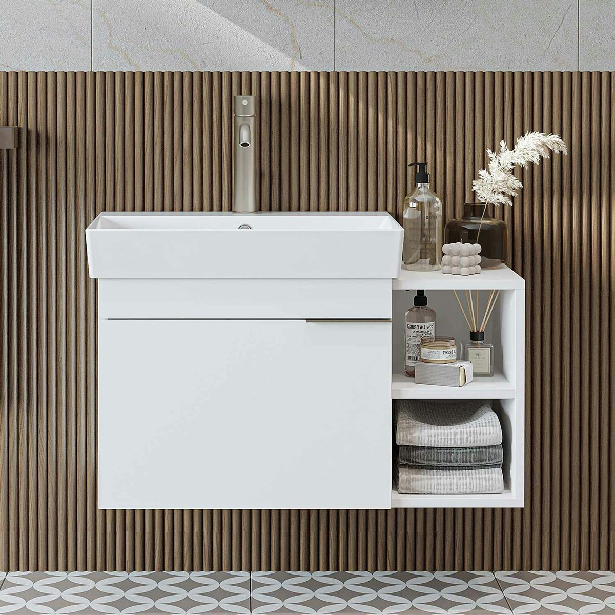 Meuble vasque suspendu 82 cm, 1 porte 2 niches NORIA blanc, PIER IMPORT