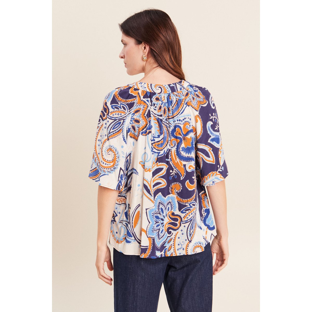 Blouse ample col v manches 3/4 bleu, BREAL