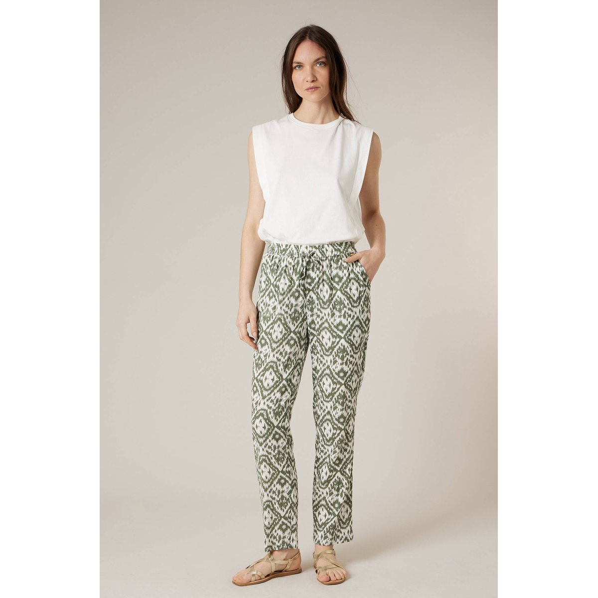 Pantalon droit femme imprimé ethinique MANOLA khaki, DEELUXE