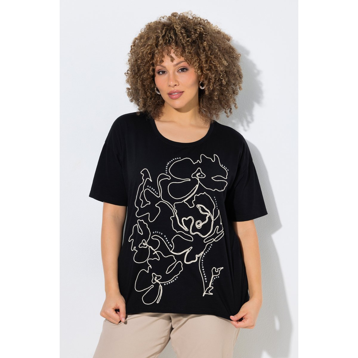 T-shirt oversize, broderies en fil de corde noir, ULLA POPKEN