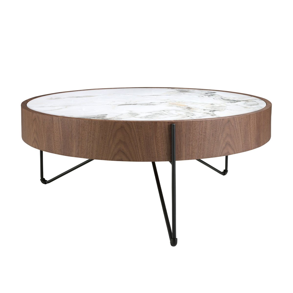 Table basse ronde en marbre porcelaine, noyer et acier noir noyer | blanc | noir, ANGEL CERDA