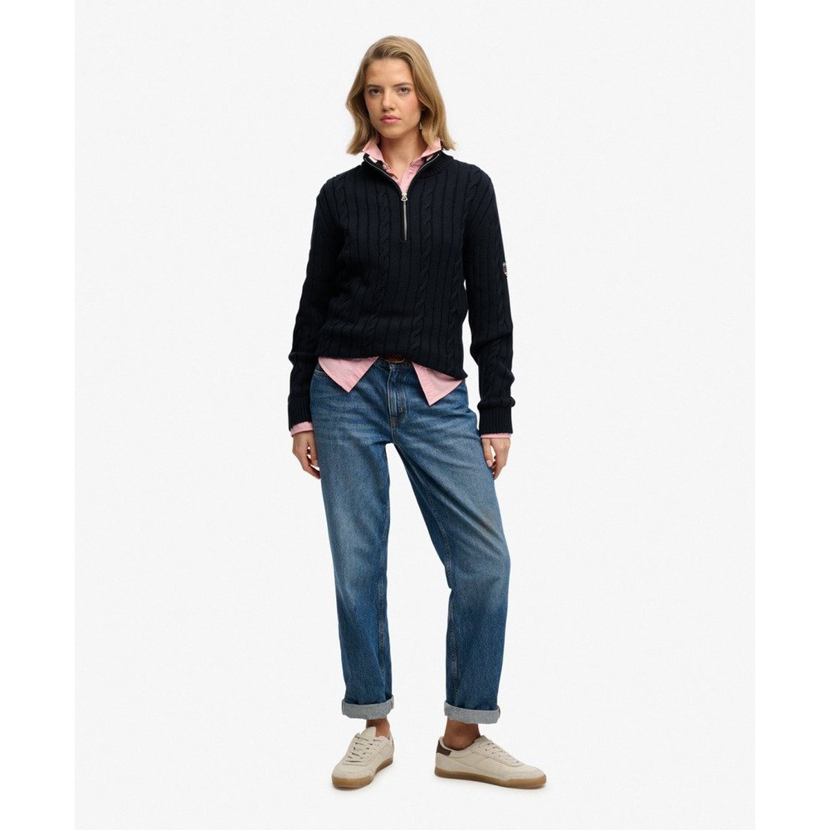 Pull à demi-zip en maille torsadée décontracté bleu marine éclipse, SUPERDRY