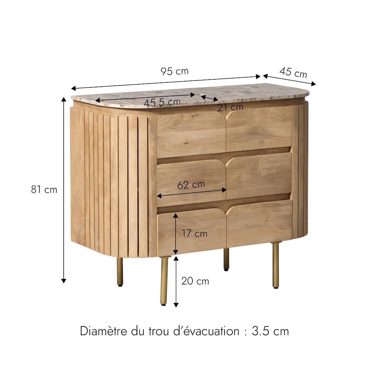 Meuble sous vasque 2 tiroirs en marbre et bois de manguier CYRENE bois clair, MADE IN MEUBLES