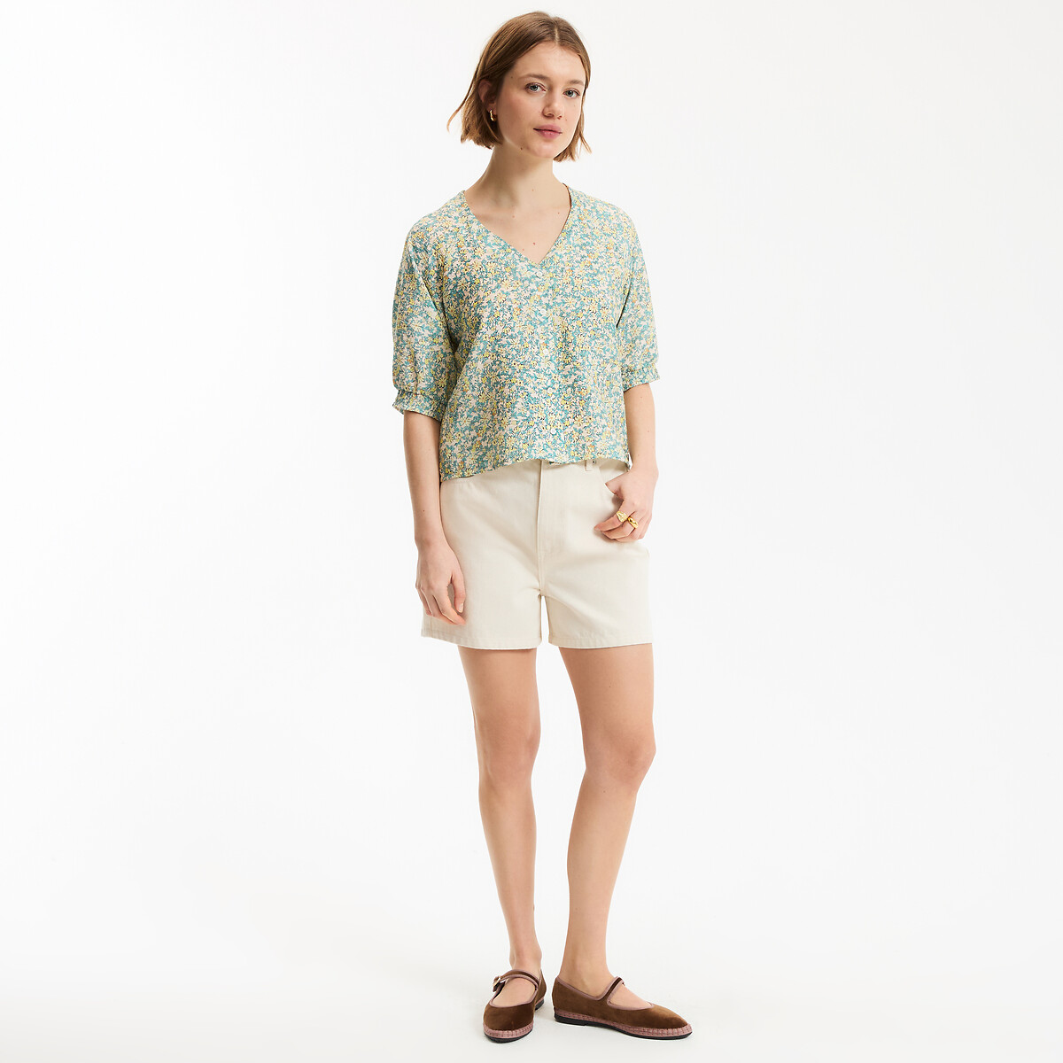 Blouse met V-hals, 3/4 mouwen, bloemenprint multicolor bloemenprint, LA REDOUTE COLLECTIONS