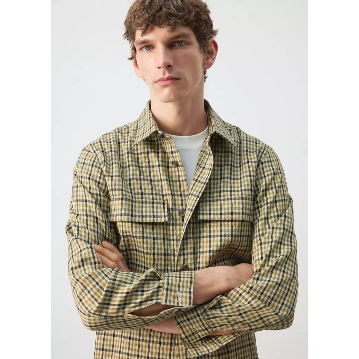 Veste boutons imprimé à carreaux olive, MANGO MAN