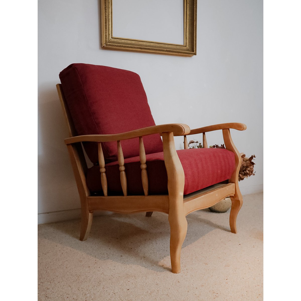 Fauteuil en chêne massif et tissu Ernest N°661 - Bon état bois clair, DEBONGOUT
