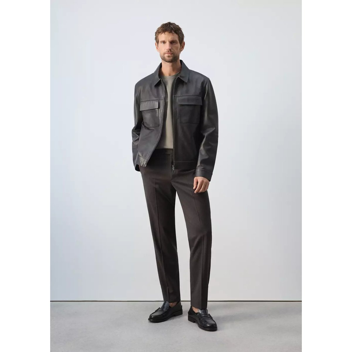 Blouson 100 % cuir poches chocolat, MANGO MAN