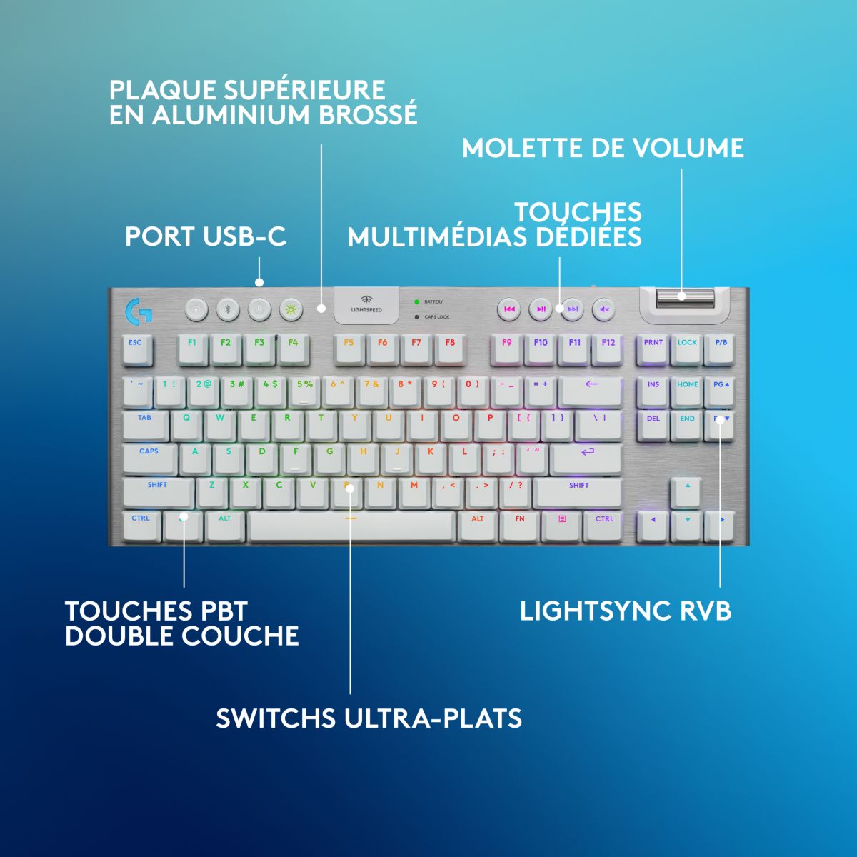 Clavier gamer sans fil G915 X Lightspeed TKL Tactile Blanc couleur unique, LOGITECH