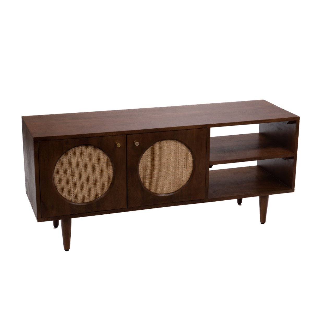Meuble TV 2 portes en manguier et cannage L115 cm Domitille marron, AMADEUS