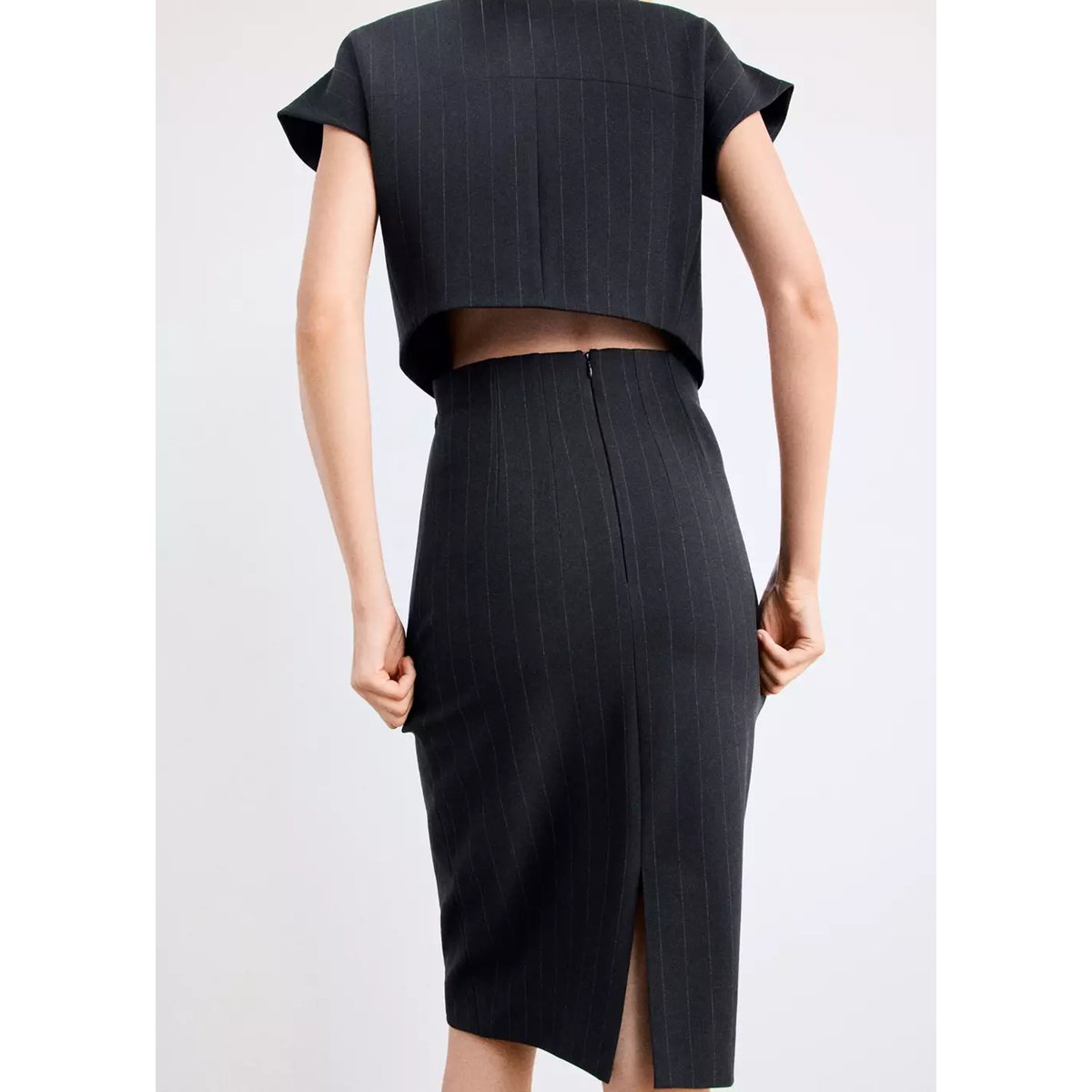 Jupe midi fines rayures bleu marine, MANGO