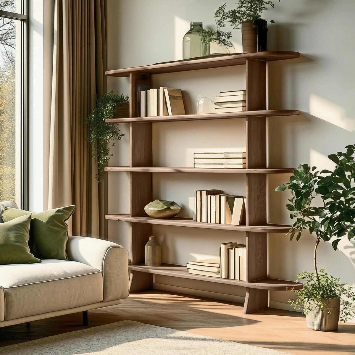 Bibliothèque linéaire 5 étagères en bois de mindi ARCUS bois naturel, PIER IMPORT