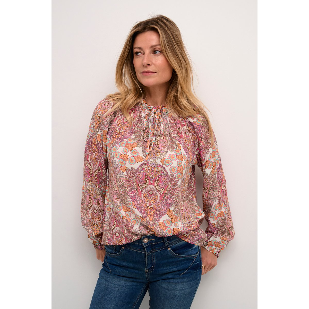 Long sleeved blouse rose cachemire, CREAM