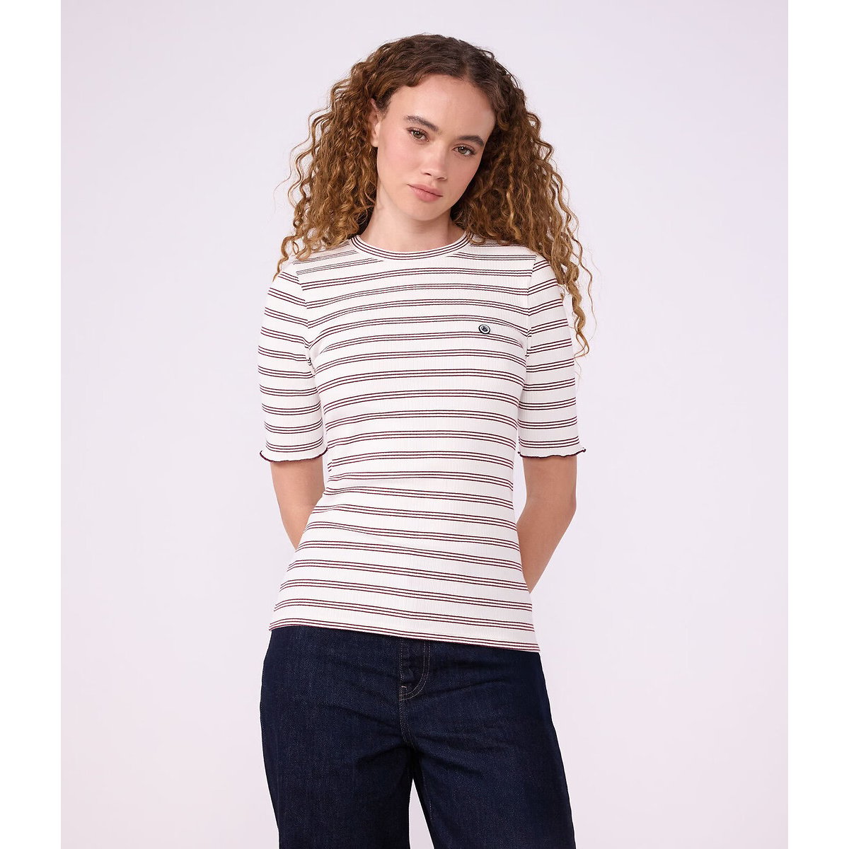 T-shirt con maniche a 3/4 bianco/nero, PETIT BATEAU