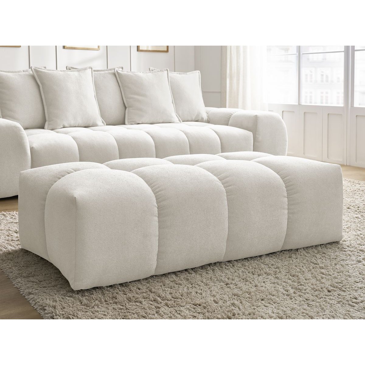 Canapé droit fixe 3 places en tissu texturé avec pouf, EVEREST blanc, BOBOCHIC