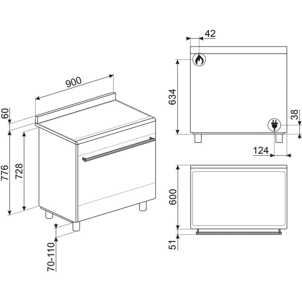 Piano de cuisson gaz SX91GM inox, SMEG
