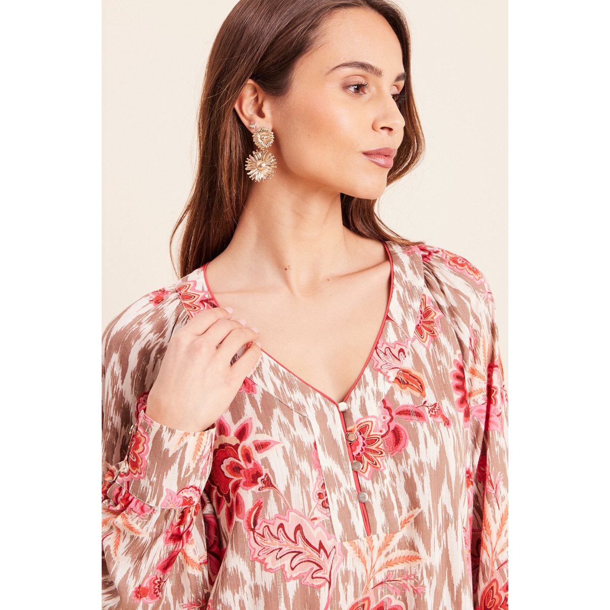 Blouse col v manches longues rose, BREAL