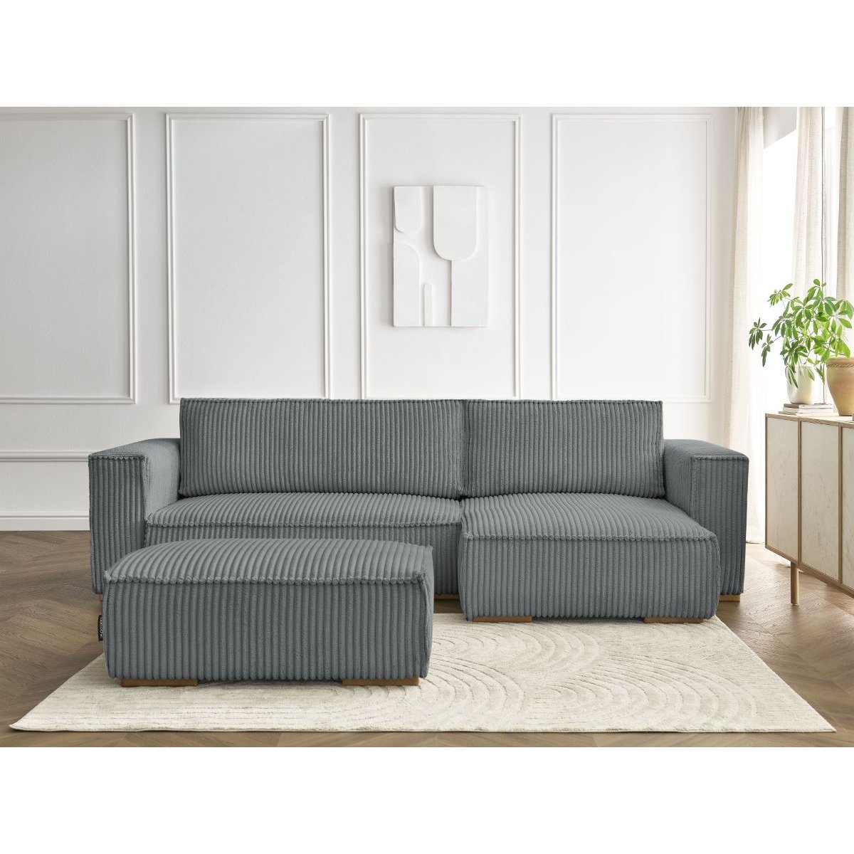 Canapé d'angle convertible 4 places en gros côtelé doux avec pouf, CHELSEA gris foncé, BOBOCHIC