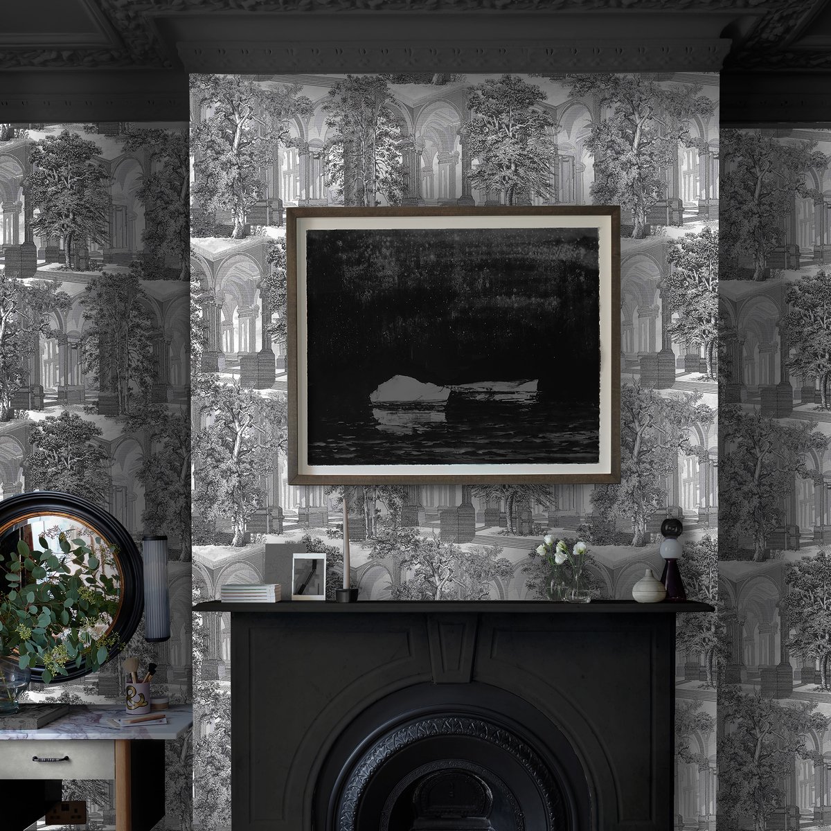 Papier peint Rivington Folly Tattoo Architecture grandiose gris doux, GRAHAM ET BROWN