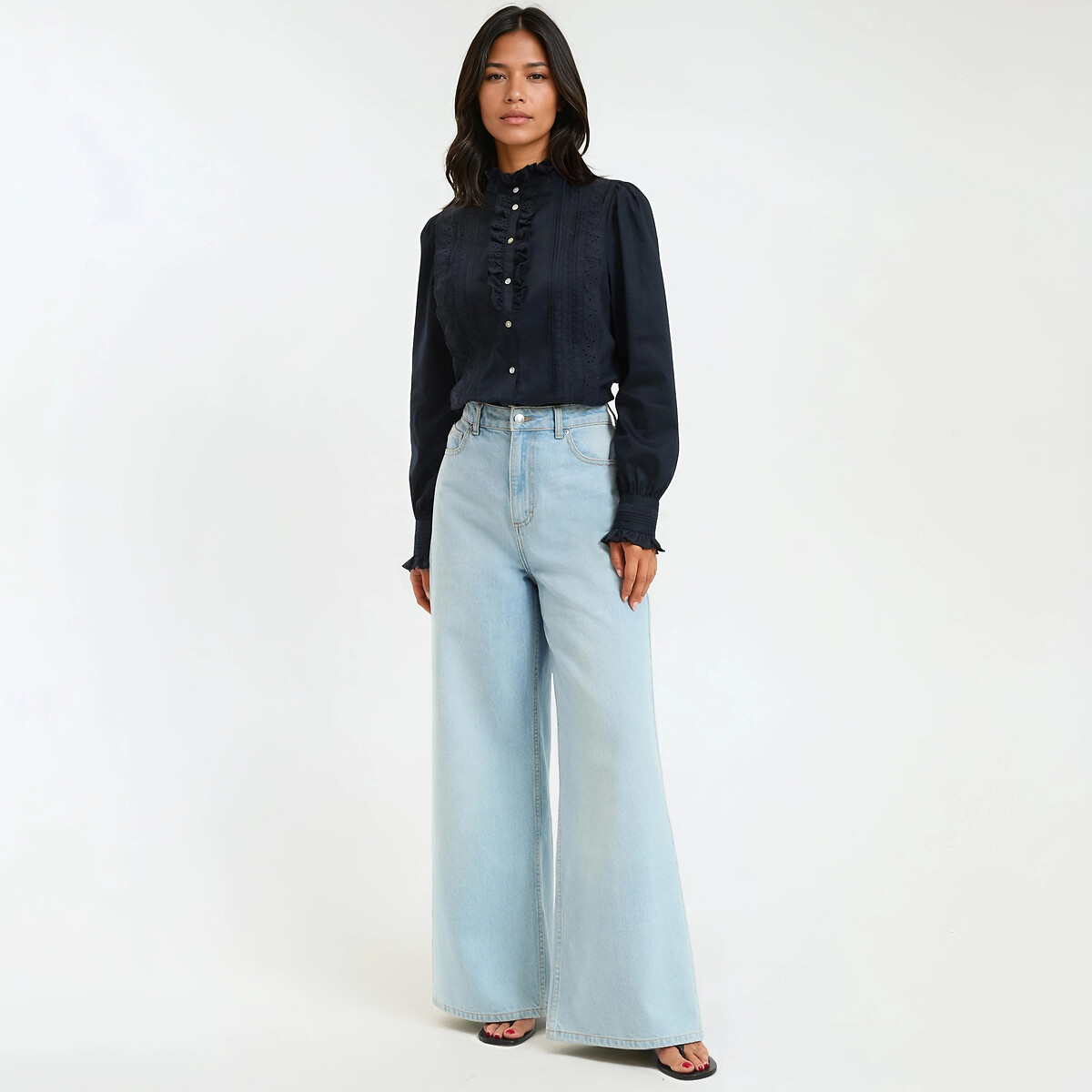 Signatures Eugenie Cotton Blouse with Ruffles navy blue, LA REDOUTE COLLECTIONS