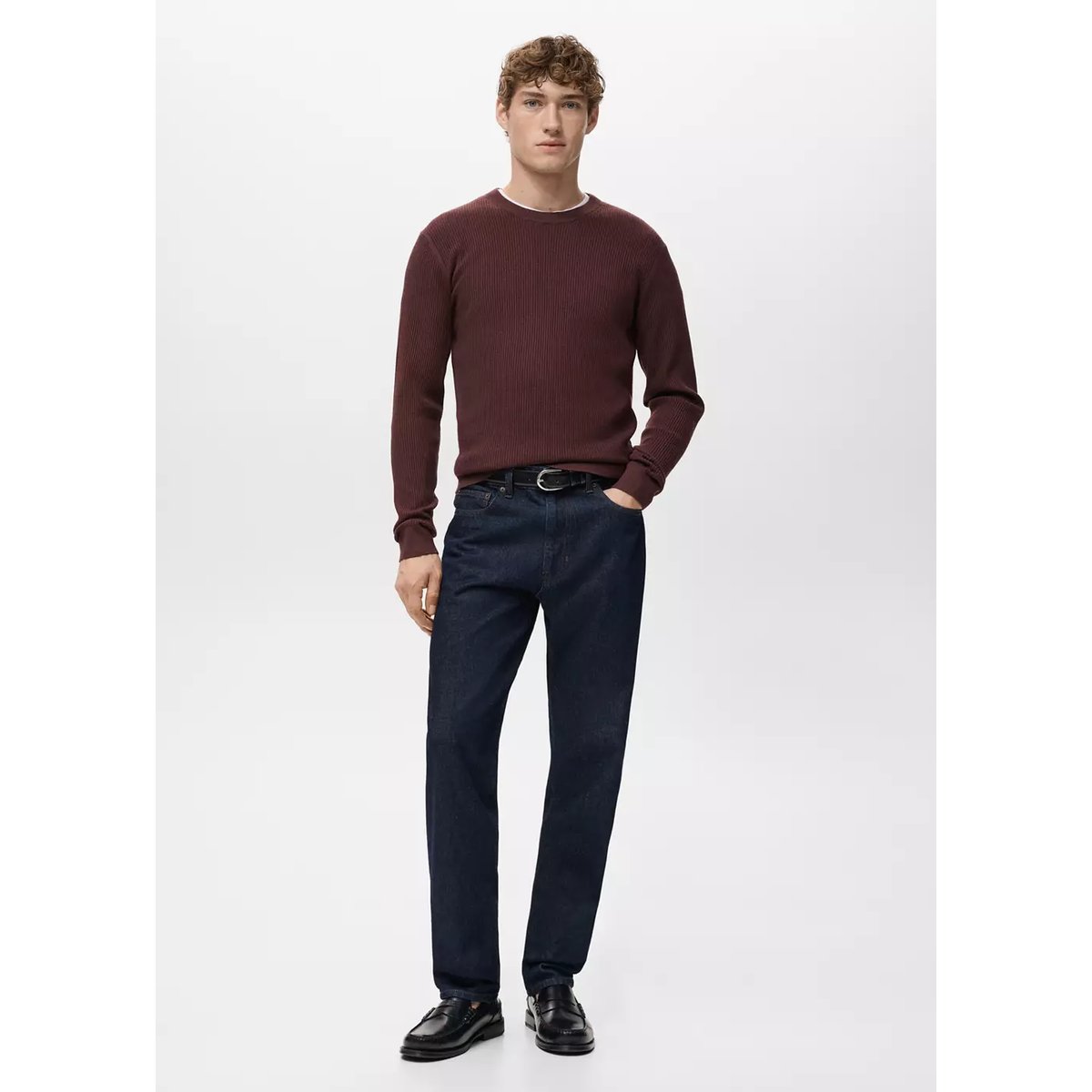 Pull coton maille fine bordeaux, MANGO MAN