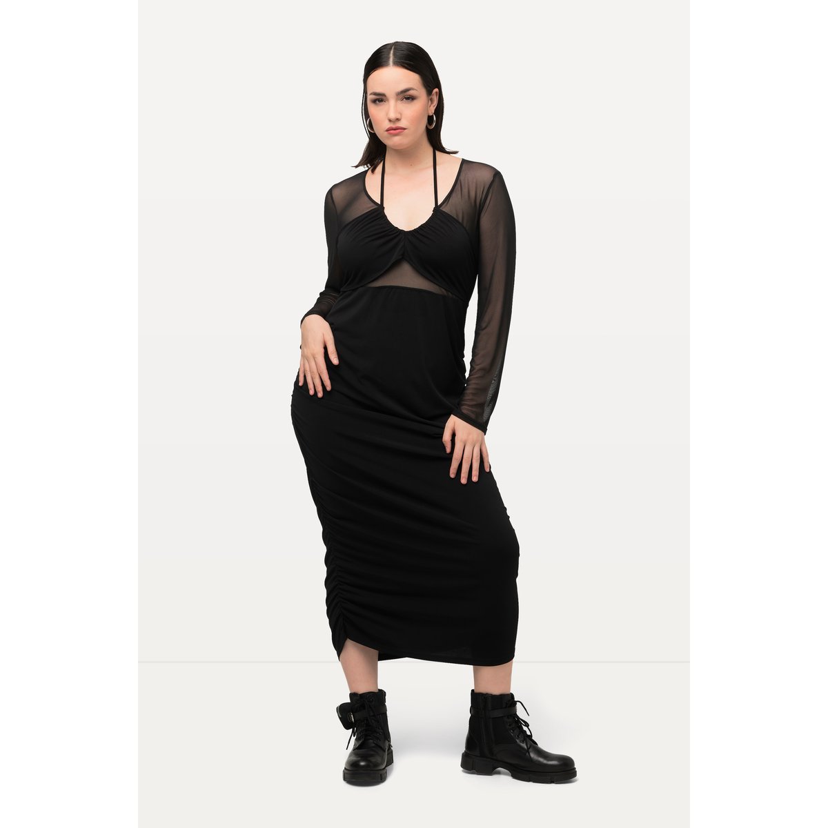 Robe maxi, décolleté en V et manches longues noir, ULLA POPKEN