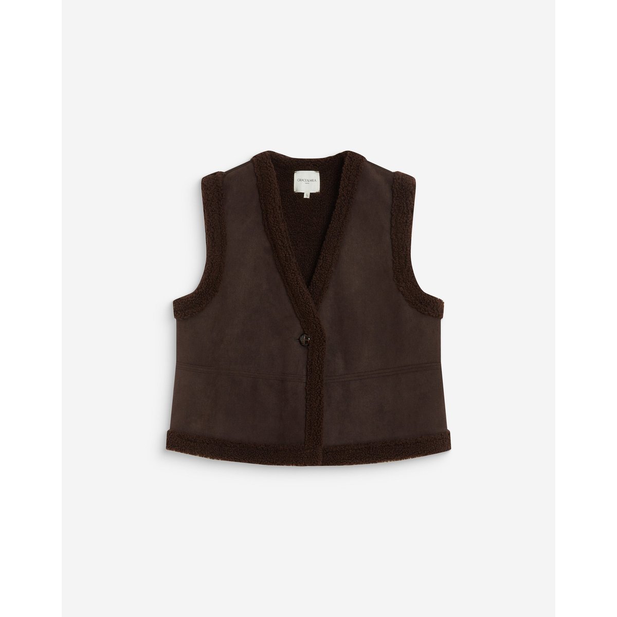 Veste sans manches en fausse shearling col V coffee Anya chocolat, GRACE & MILA