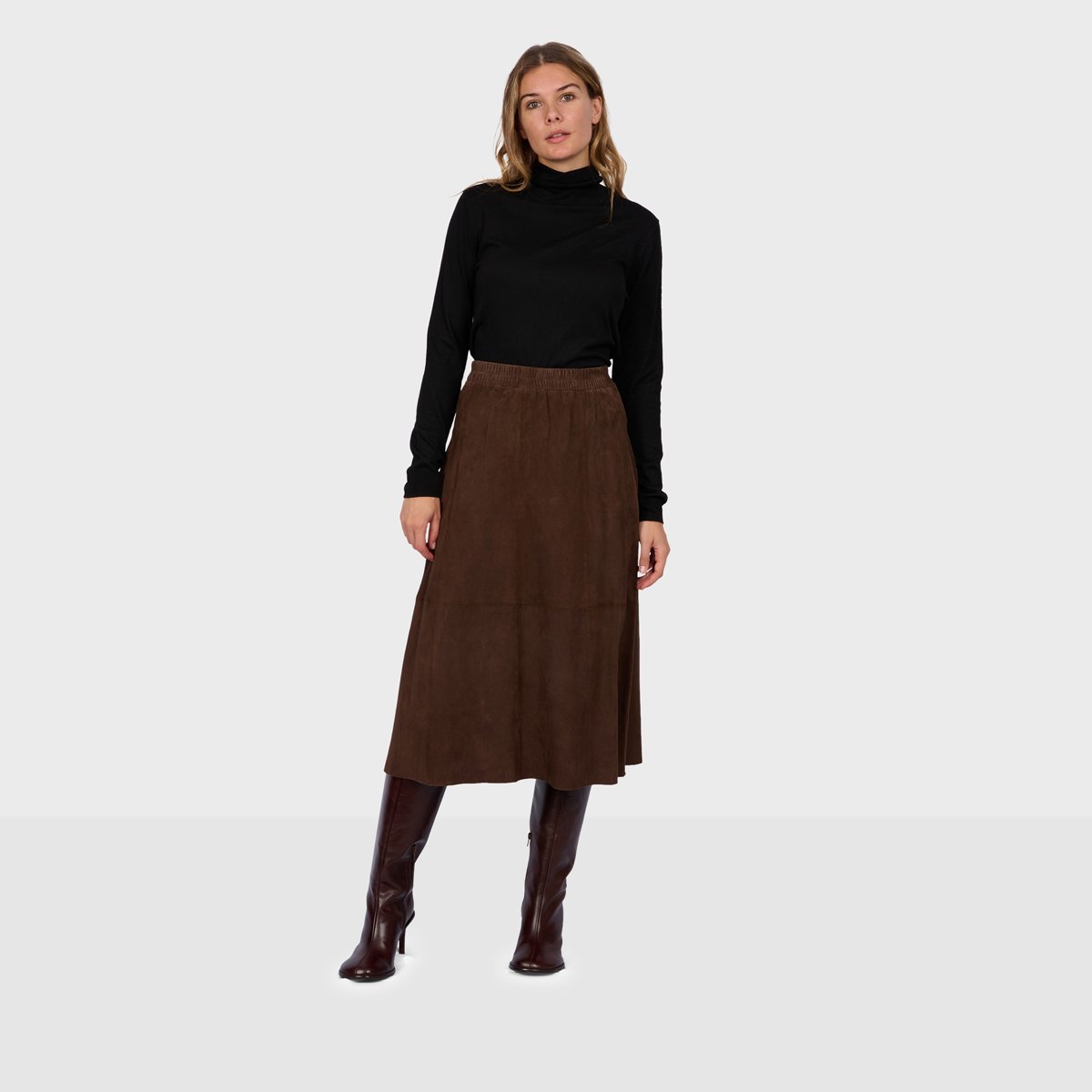 Jupe longue évasée en cuir NAHEE marron foncé, OAKWOOD