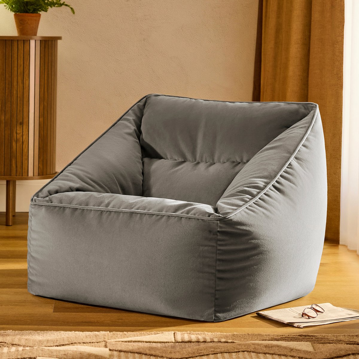 Pouf fauteuil salon en velours mat Oeko-Tex® - NATALIA gris anthracite, ICON