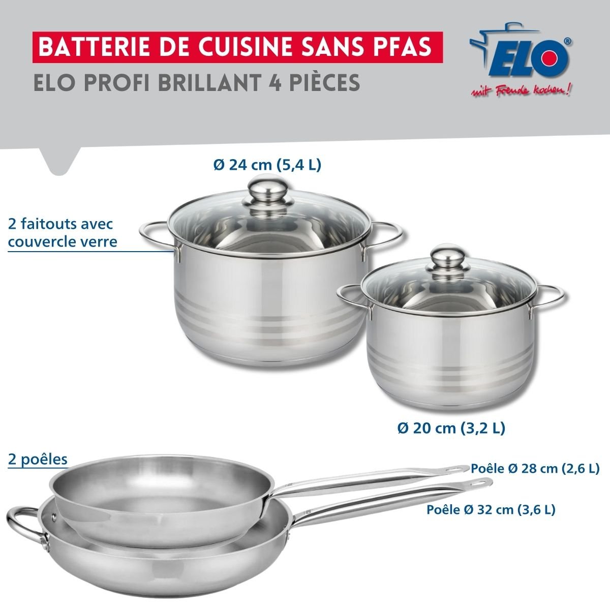 Batterie 2 poêles 28/32cm + 2 faitouts 20/24cm PROFI BRILLANT inox, ELO