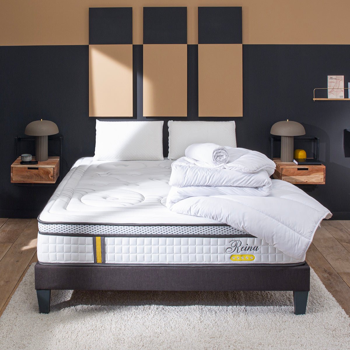 Pack Reina 2.0 140x200 cm Matelas Ressorts + Sommier Bois + Accessoires blanc, BELLECOUR