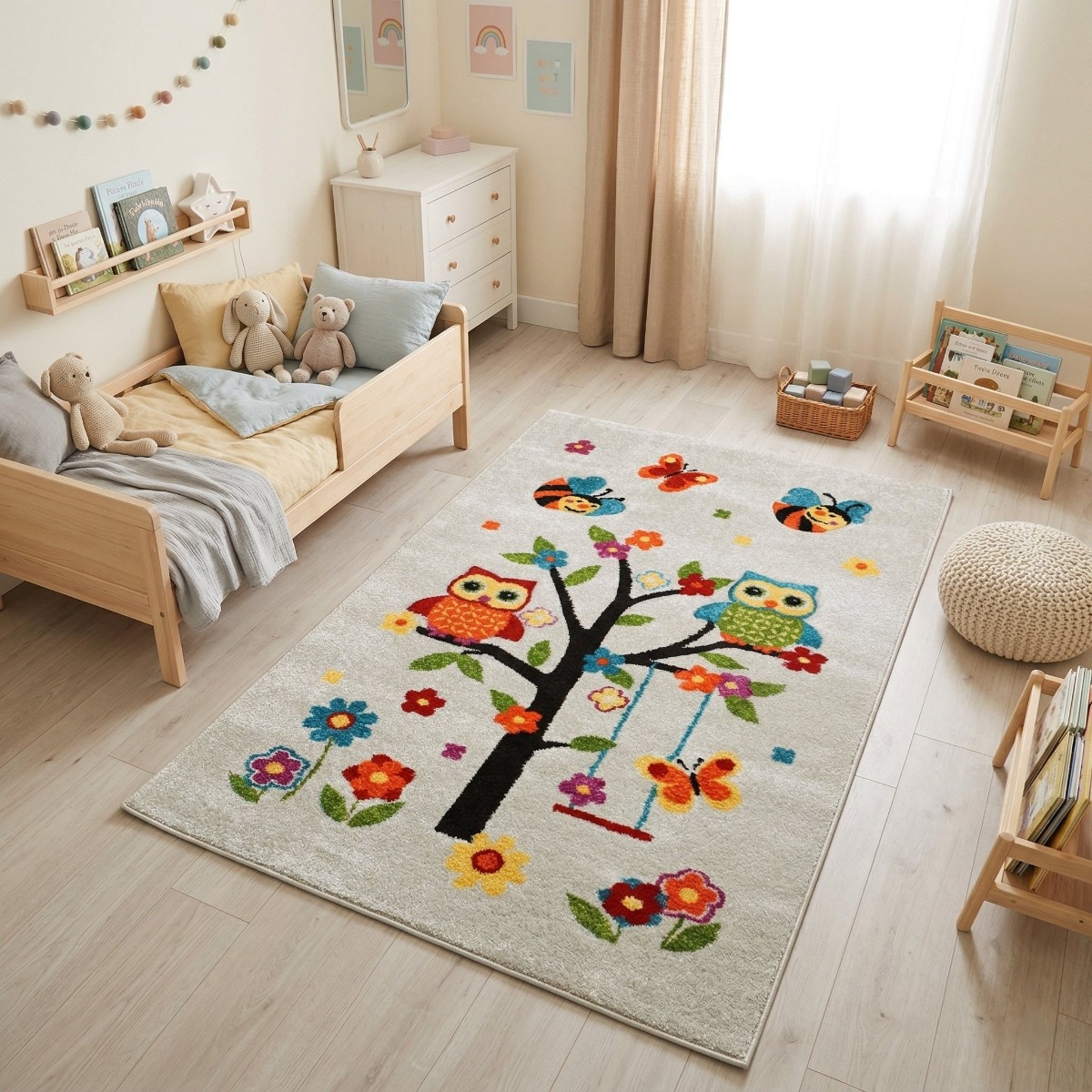 Tapis enfant toucher doux laineux CHOUETTES blanc, THE DECO FACTORY