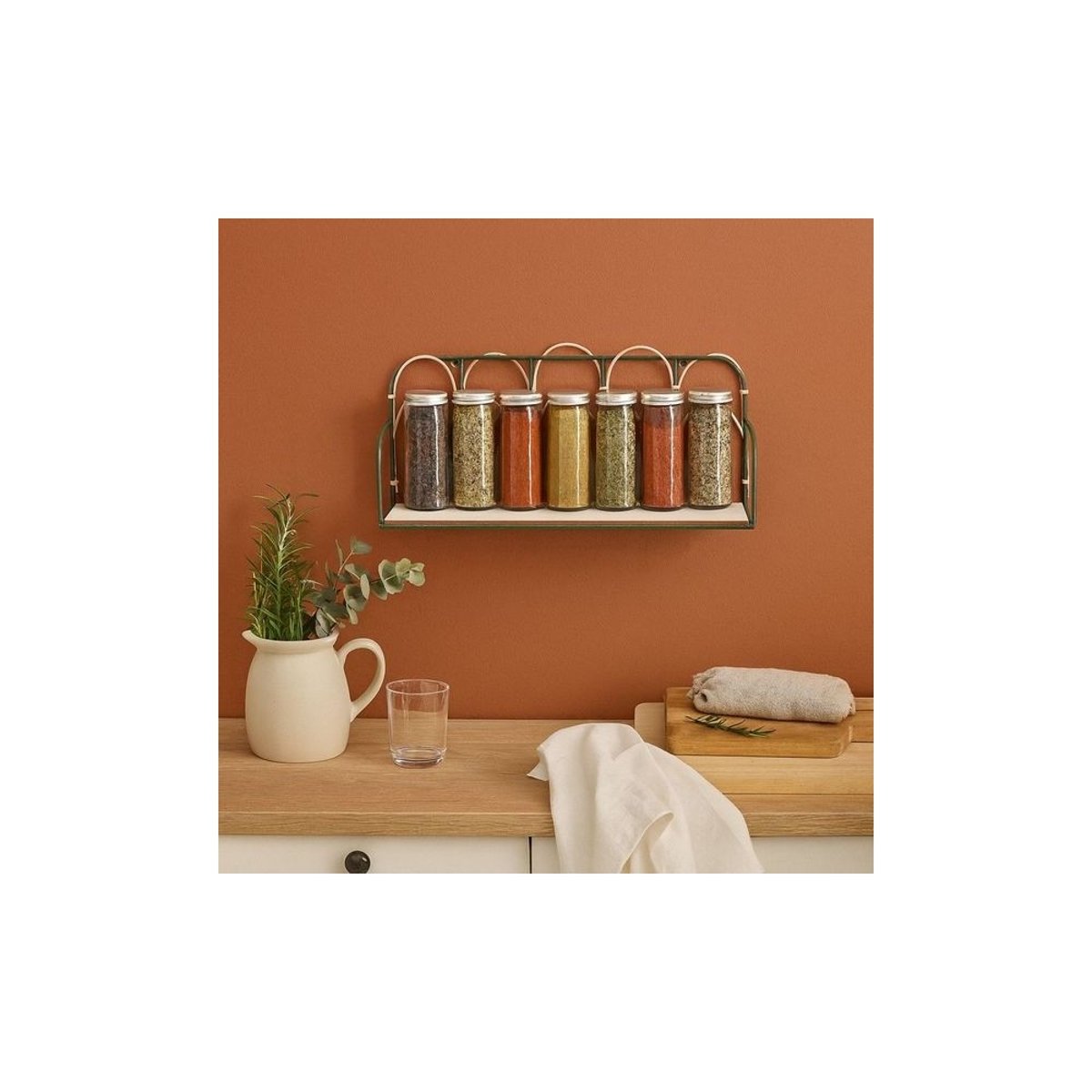 Etagère murale en rotin et métal 45cm vert, ORNAMI