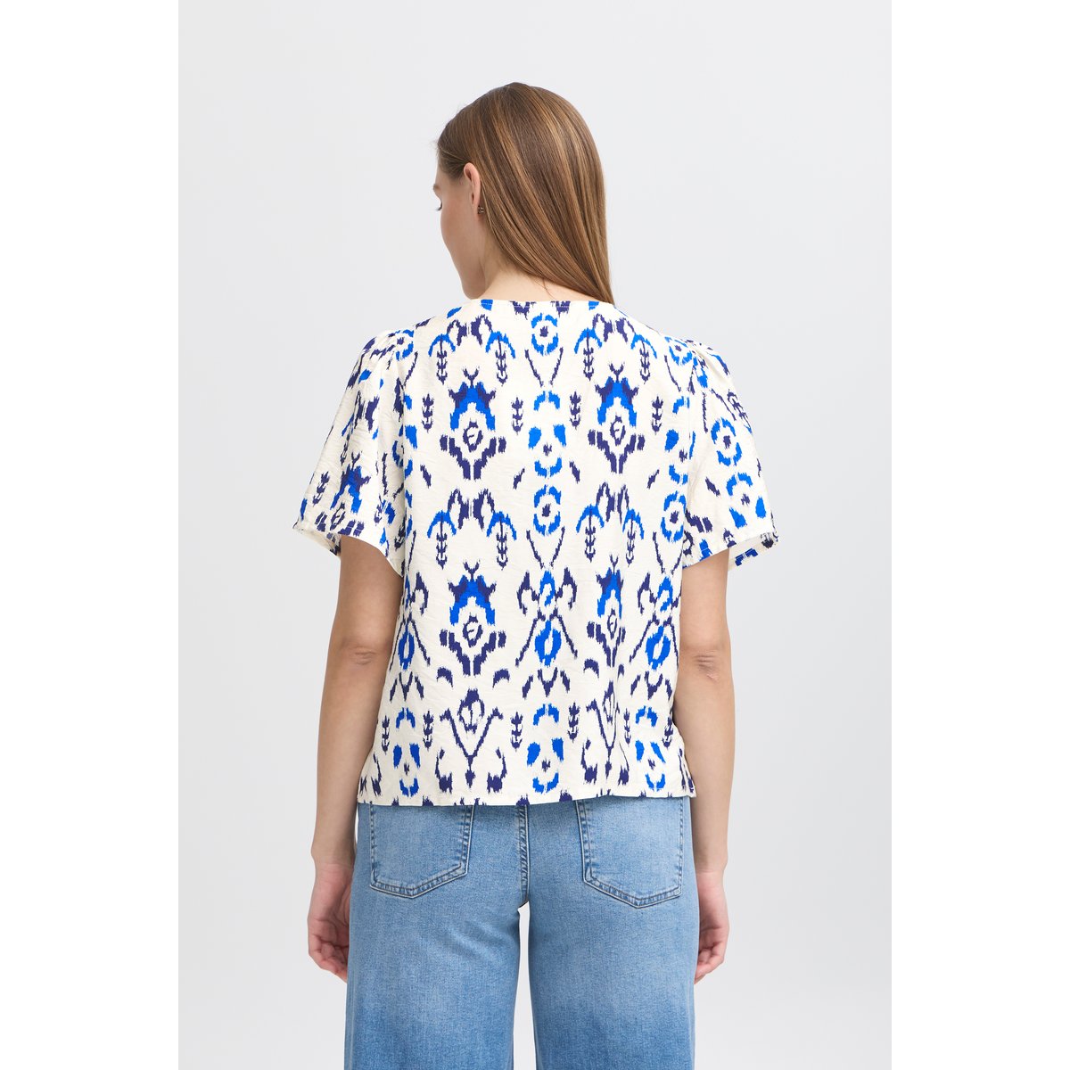 Blouse with short sleeve bleu medieval blue print, ICHI