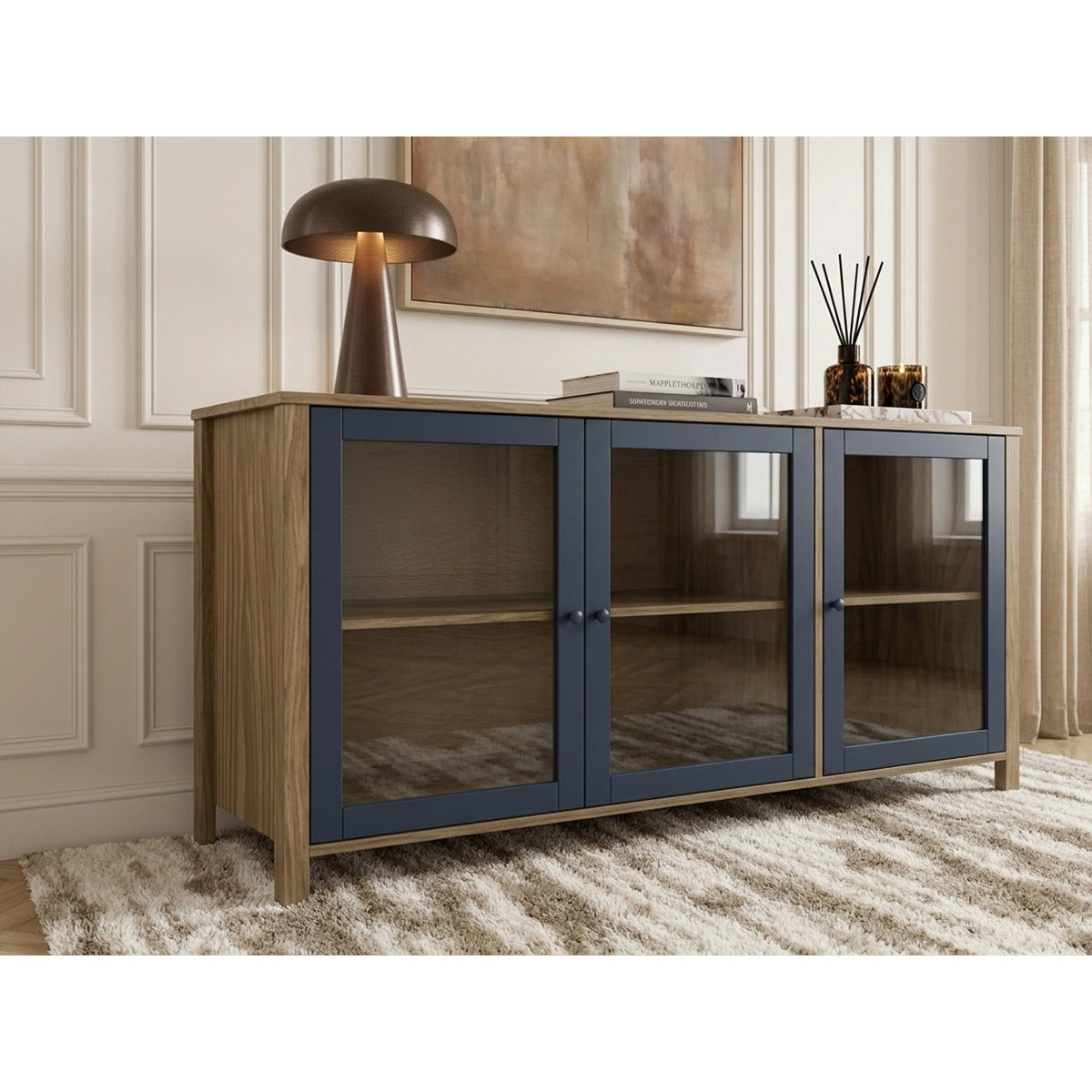 Buffet  en panneaux de particules 3 portes 142 cm, LEXIE bleu, BOBOCHIC