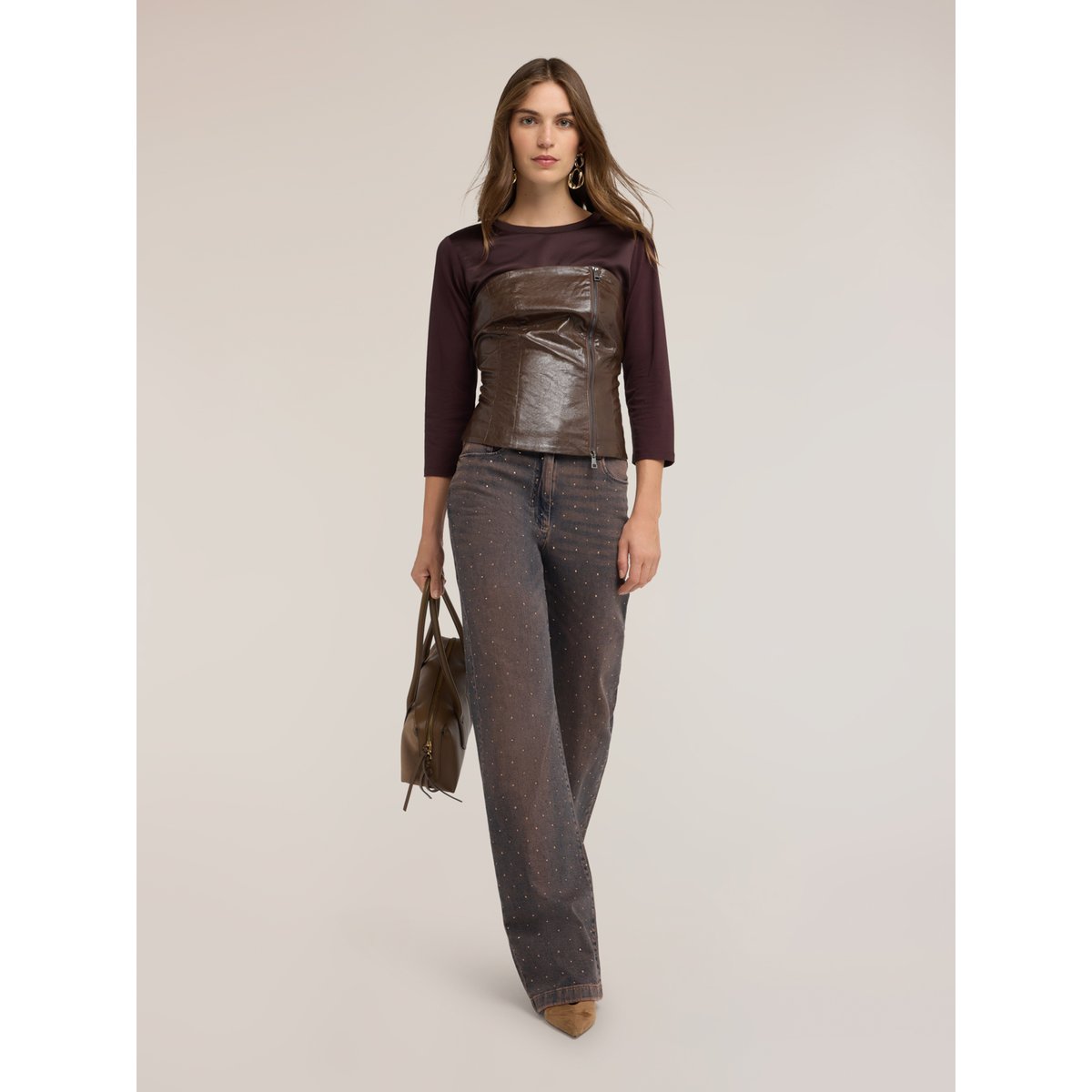 Bustier brillant avec effet crinkle et zip marron, MOTIVI