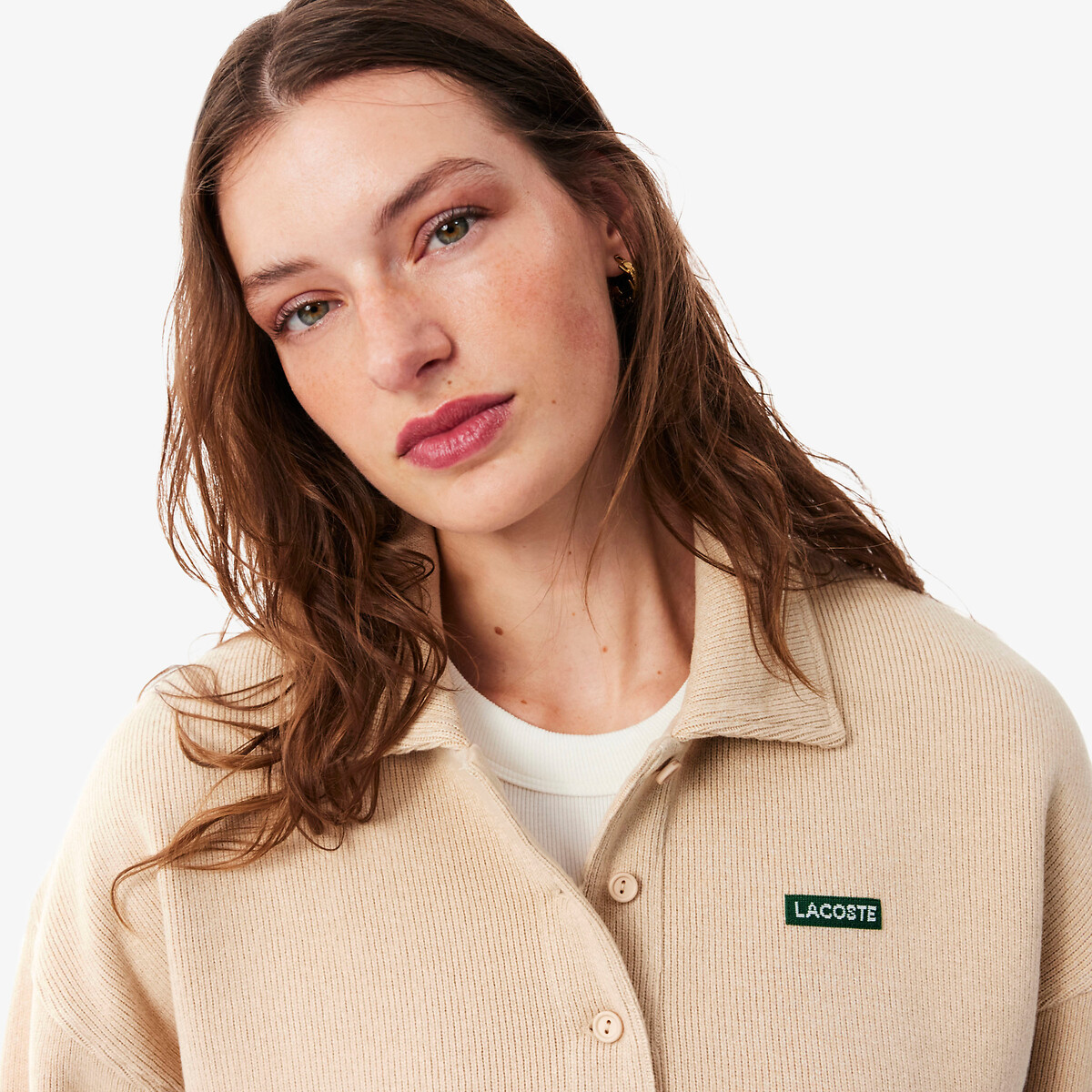 Sweat col polo à manches longues beige, LACOSTE