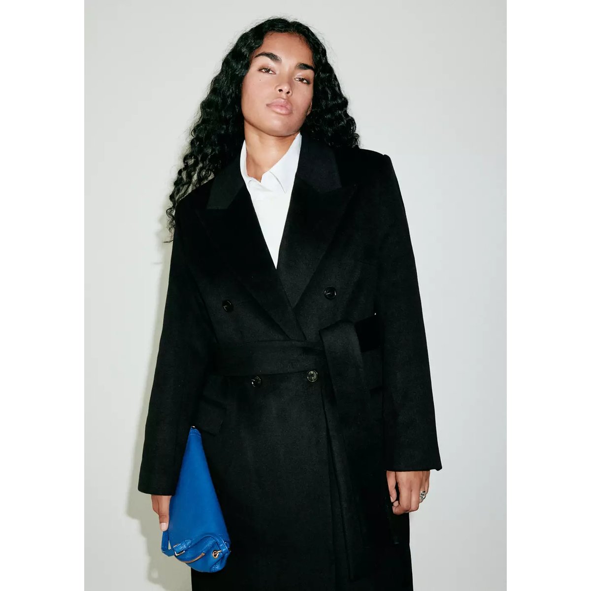 Manteau laine mélangée croisé noir, MANGO