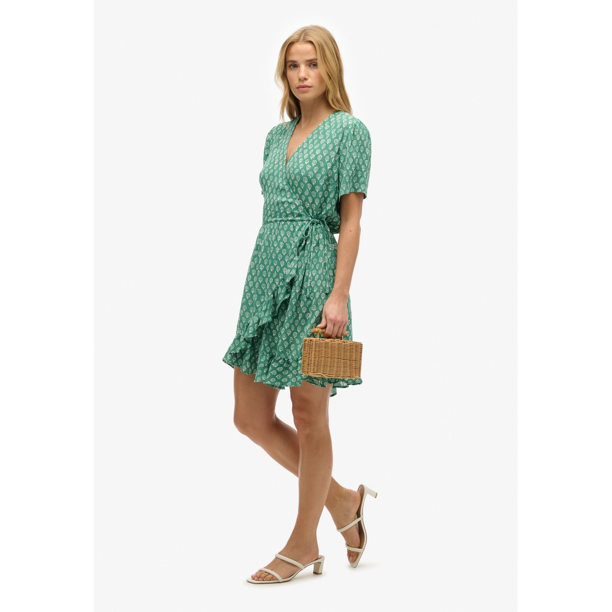 Robe portefeuille courte imprimée à manches courtes vert block floral, SUPERDRY