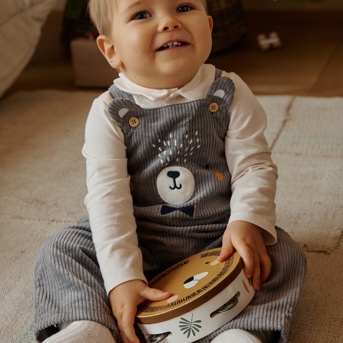 Ensemble salopette bébé en velours côtelé et t-shirt Flocon gris, PETIT BEGUIN