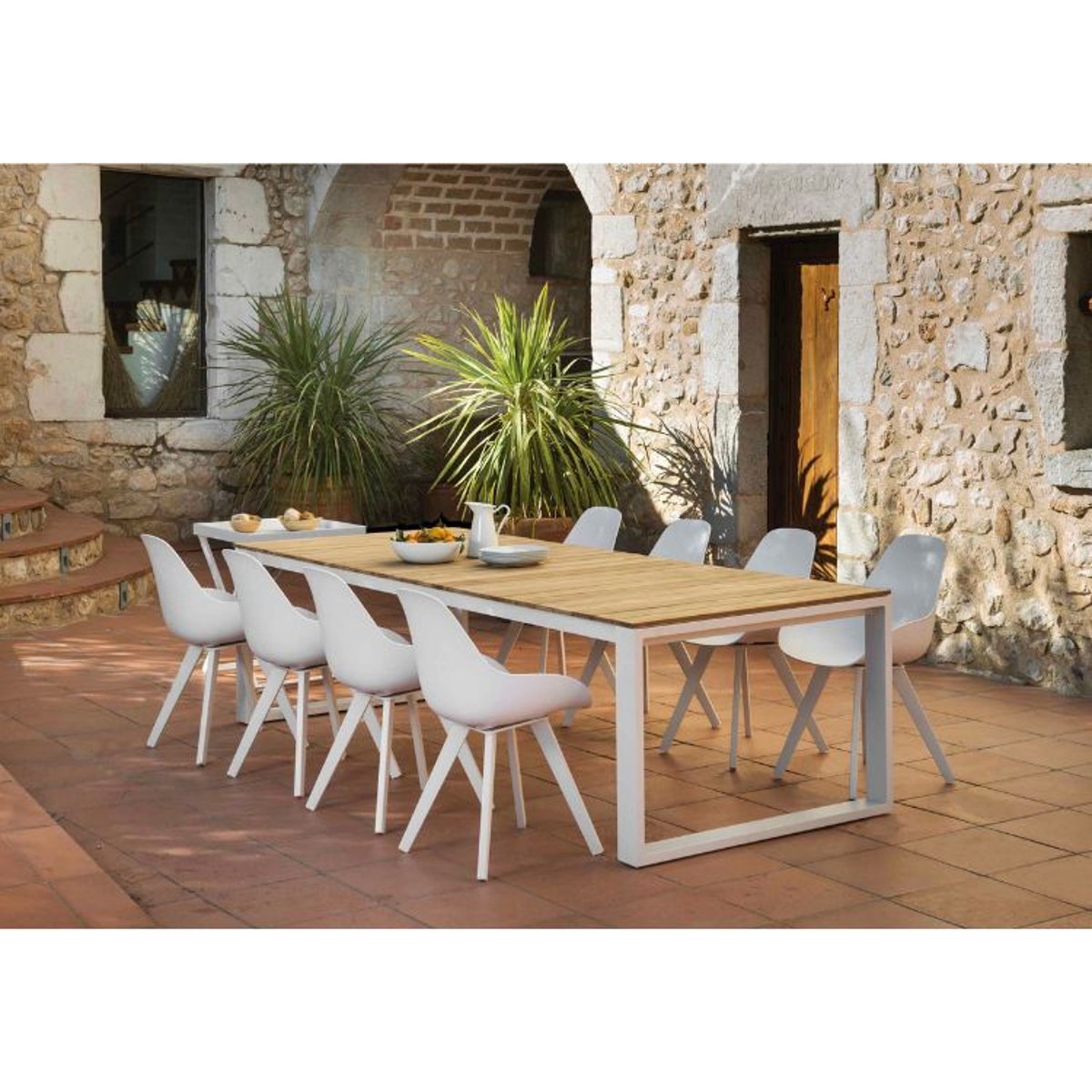 Table de jardin en aluminium et teck, COMO blanc, AU JARDIN DE CHLOÉ