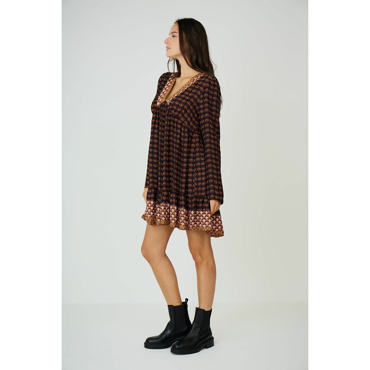 Tribal Print Mini Dress with Long Sleeves and V-Neck print/navy background, SEE U SOON