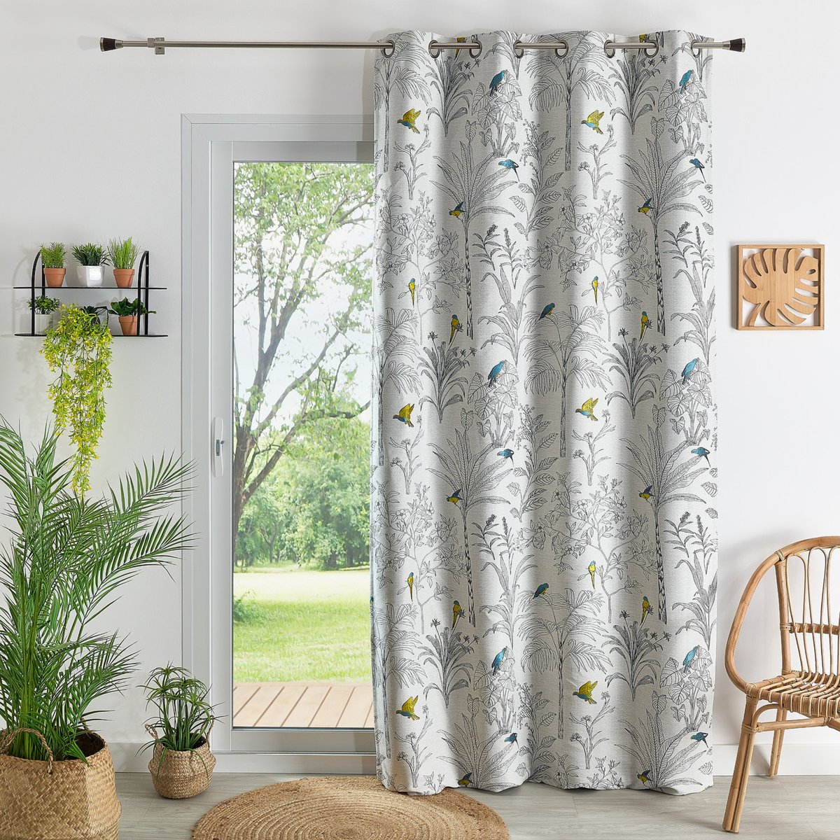 Rideaux Jacquard imprimé floral et perroquets - QABANE bleu, HOME MAISON