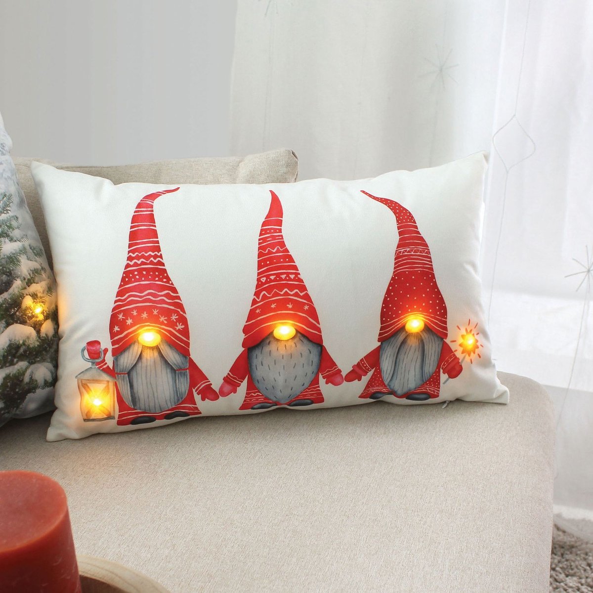 Coussin rectangulaire lumineux de Noël en velours motif lutin blanc, TOILINUX