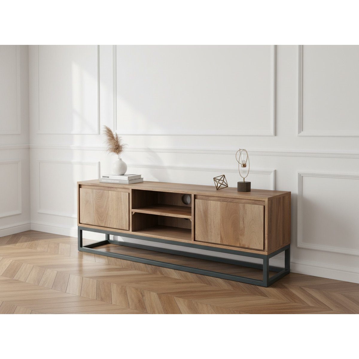 Meuble TV 140 cm bois massif, BERGERAC marron clair, BOBOCHIC