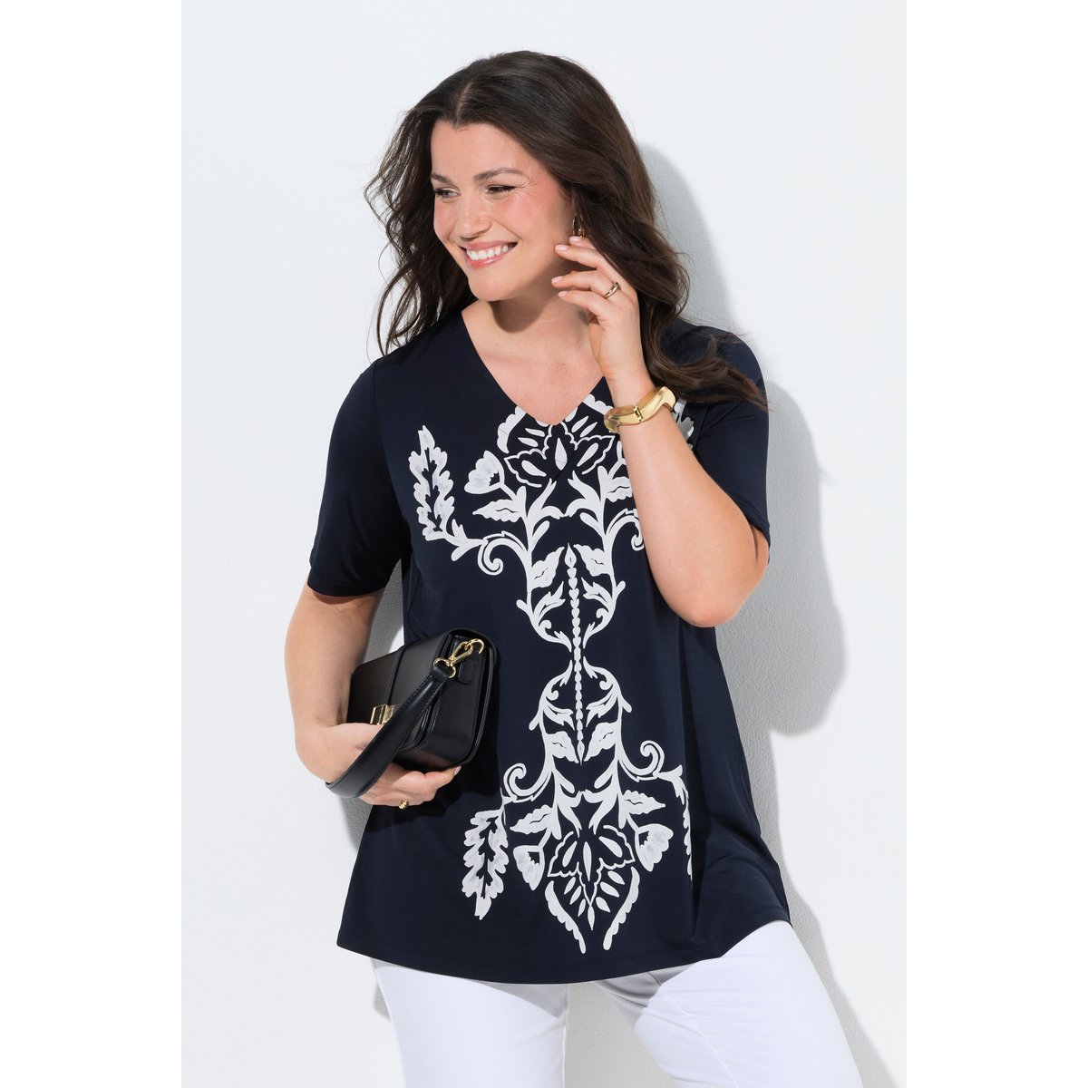 T-shirt avec imprimé, au tombé fluide marine foncé, ULLA POPKEN