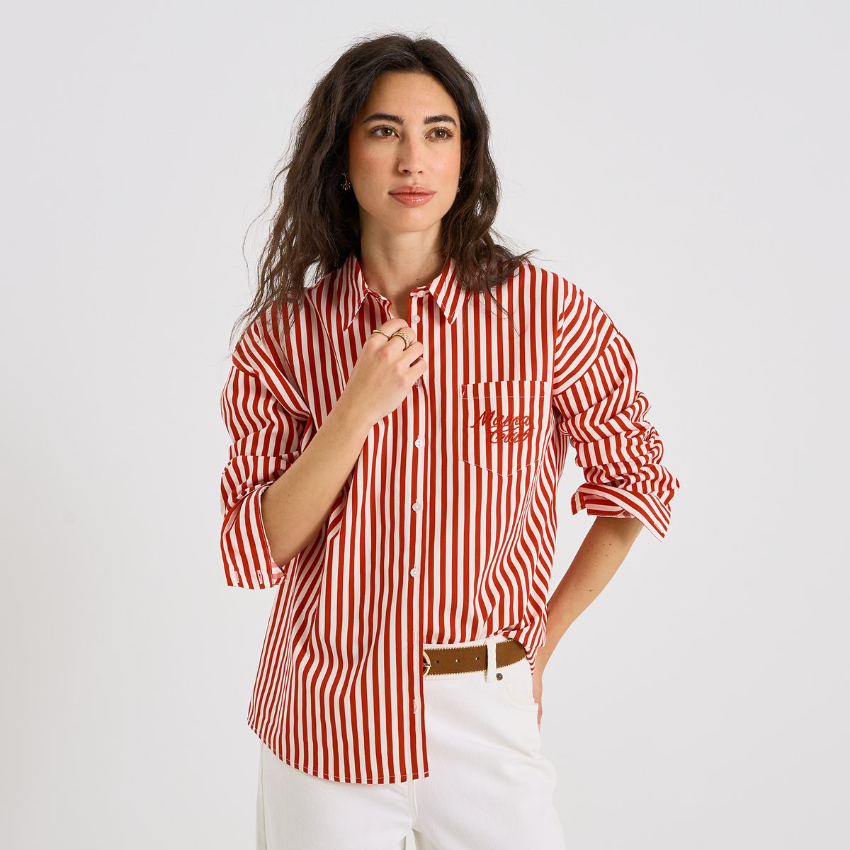 Chemise à rayures avec broderie orange rouge, GRAIN DE MALICE